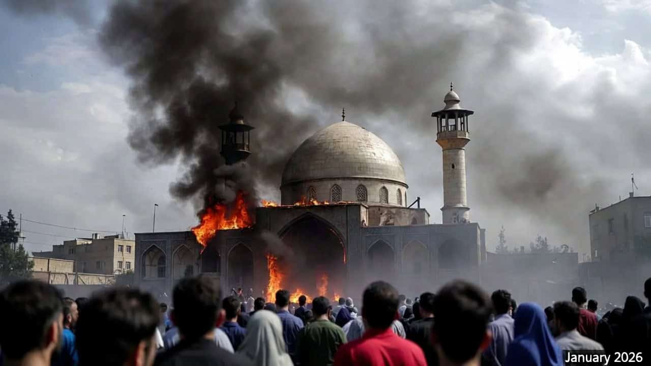 La mosquée Al-Rasool brulée par les manifestants à Téhéran en Janvier 2026.