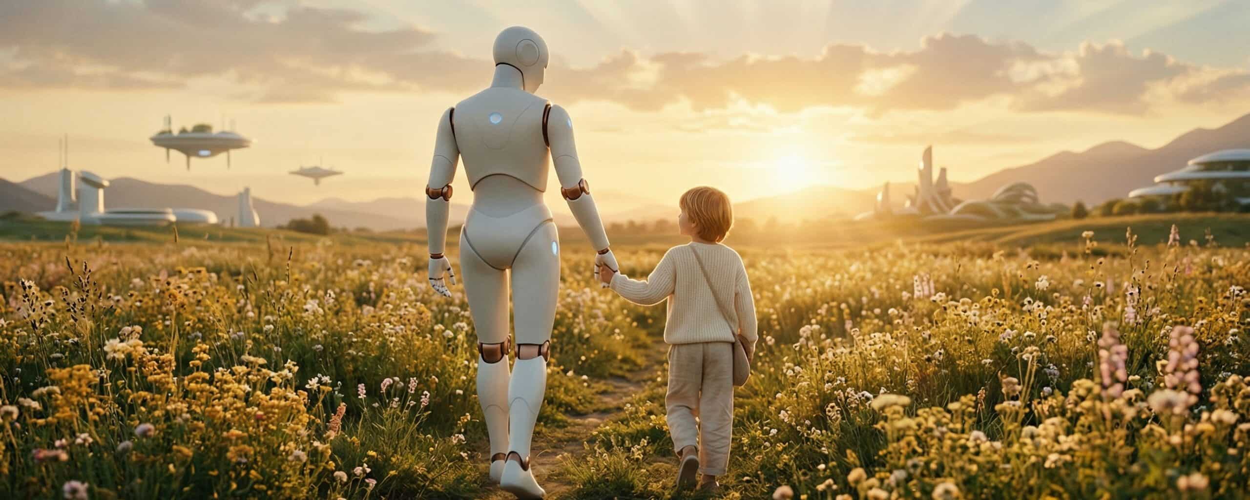 Robot and child in a field at sunset