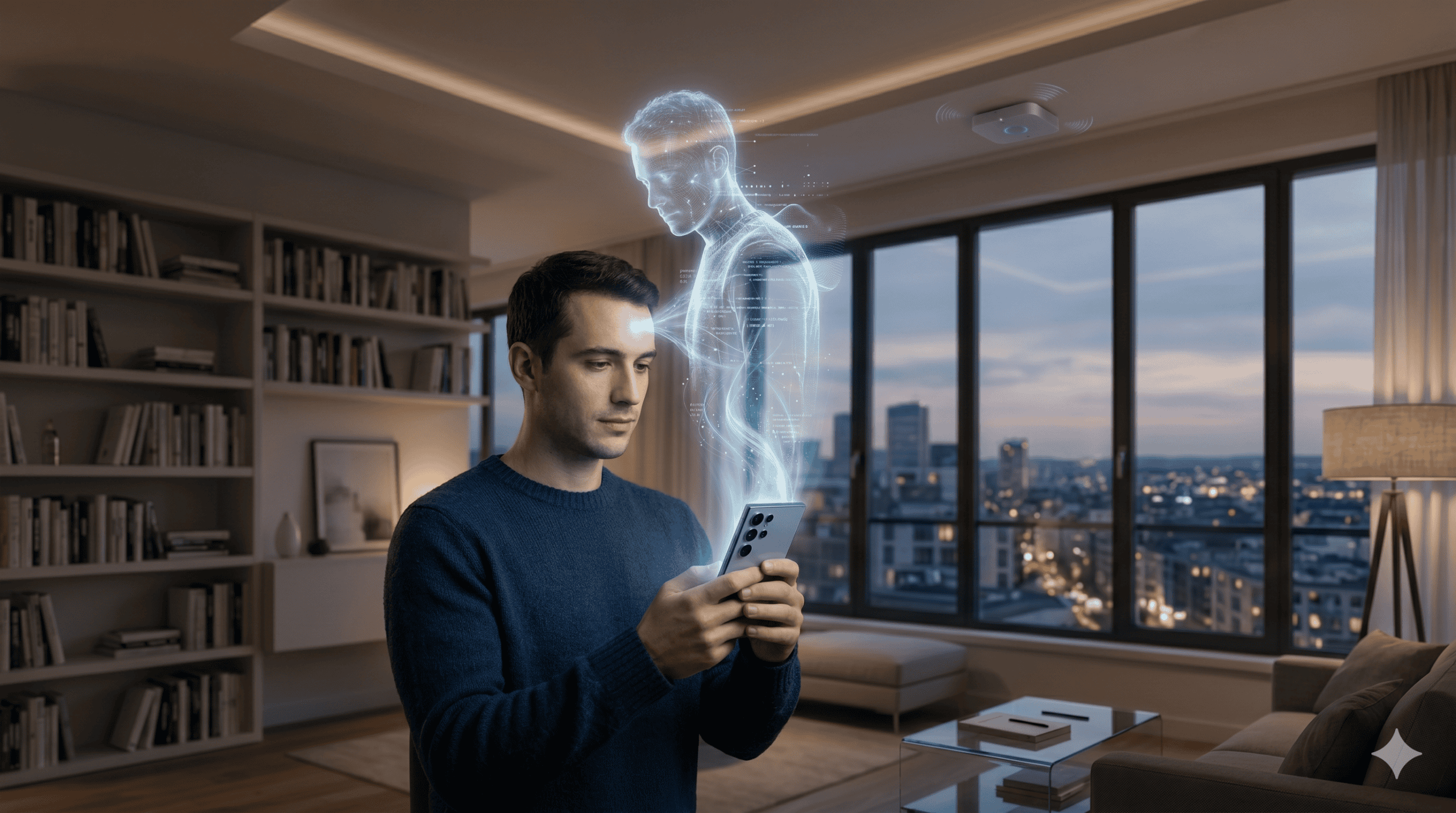 Homme utilisant smartphone avec hologramme futuriste