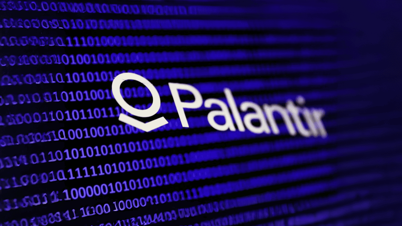 Logo Palantir sur fond de code binaire