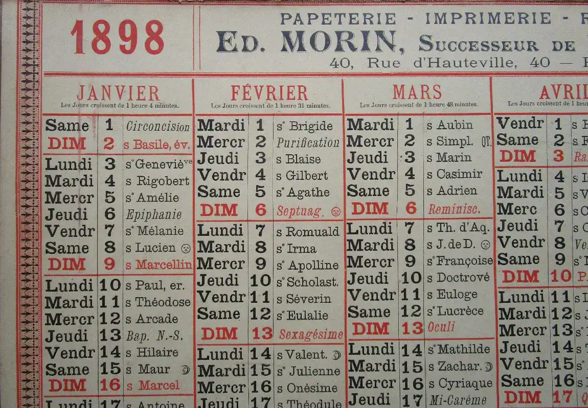 Calendrier ancien de l'année 1898
