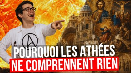 Homme riant devant flammes et symboles religieux