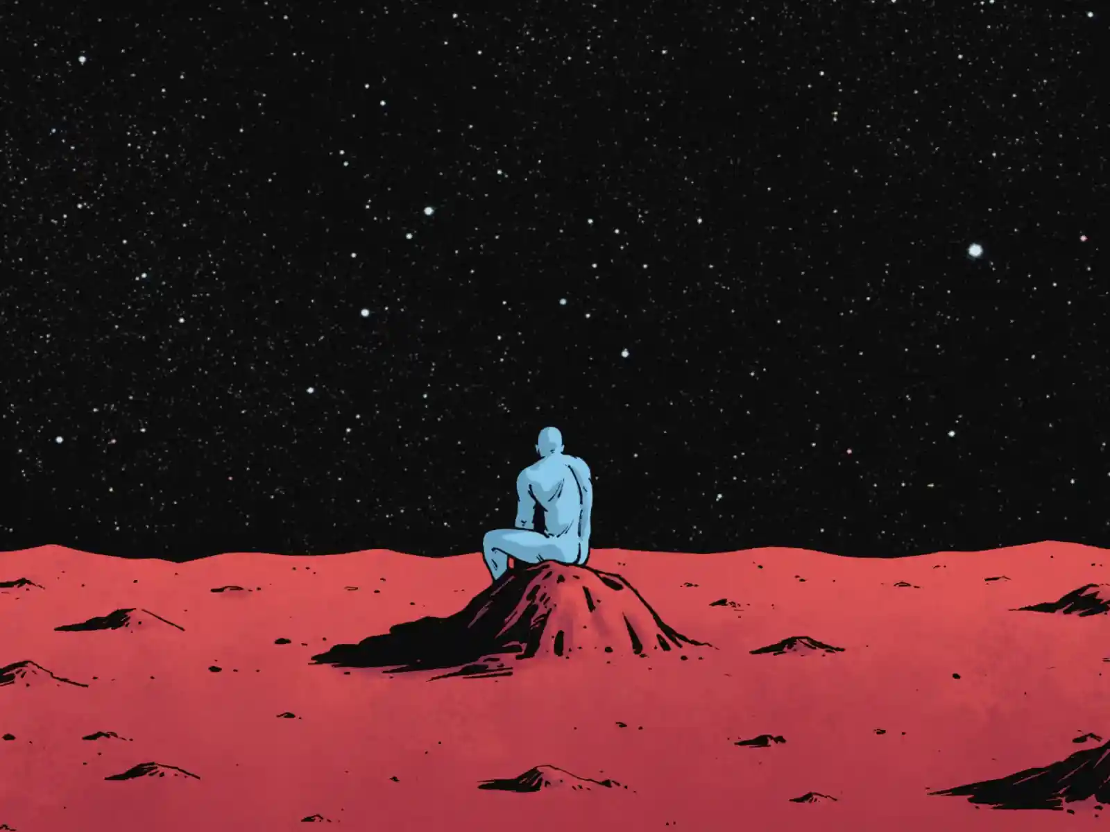 Doctor Manhattan (DC Comics). Seul face à l’infini, il contemple les étoiles, entre solitude et immensité cosmique.