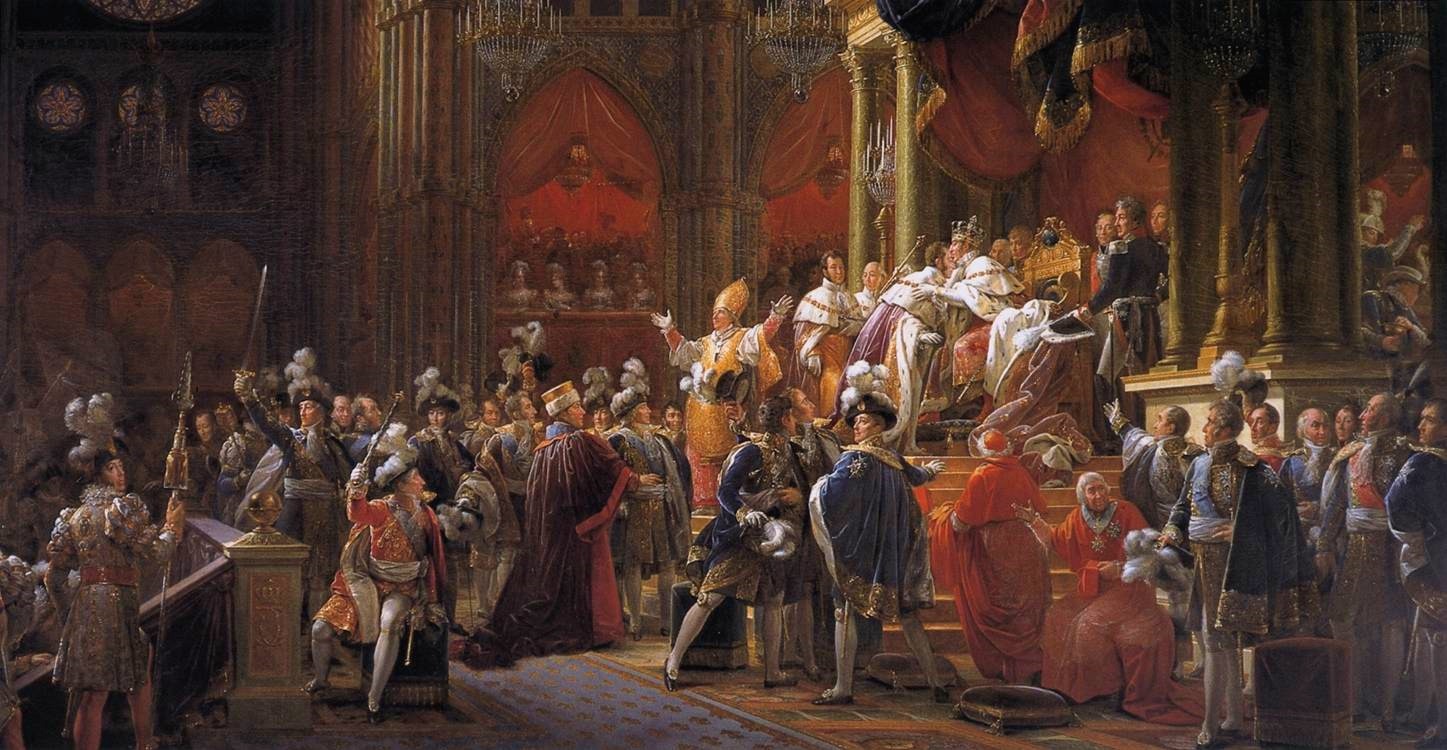 La peinture représente la cérémonie de couronnement du roi de France Charles X.